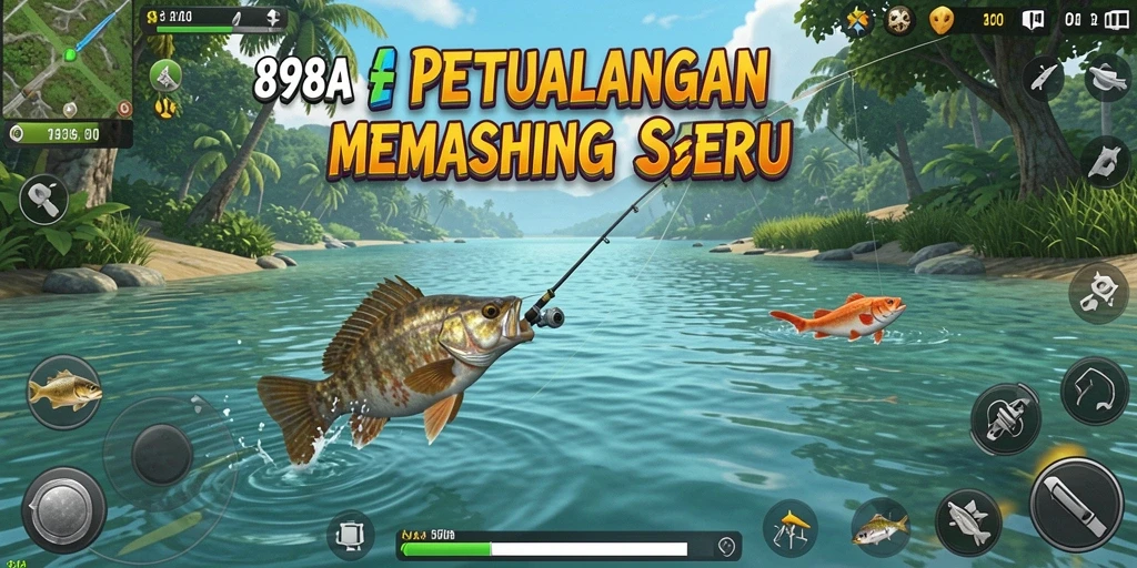 Gameplay seru dalam 898A yang menampilkan aksi menangkap ikan.
