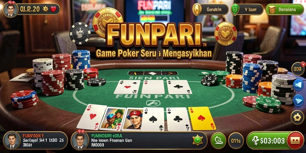 Screenshot gameplay FUNPARI menunjukkan pertandingan Poker yang sedang berlangsung dengan antusiasme tinggi.