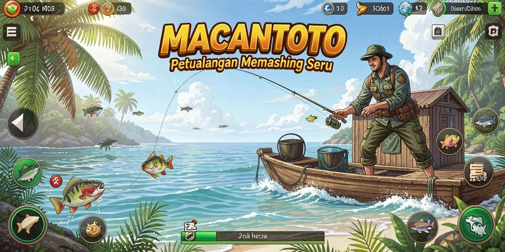 Screenshot menunjukkan gameplay memancing yang menarik dan penuh aksi.