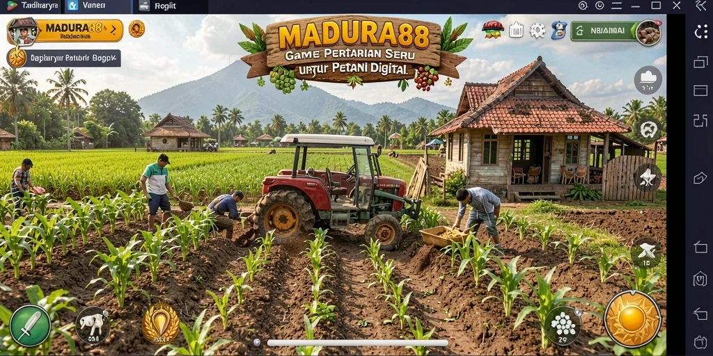 Screenshot gameplay MADURA88 menampilkan petani merawat ladang.