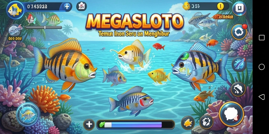 Tampilan gameplay seru MEGASLOTO saat menembak ikan.