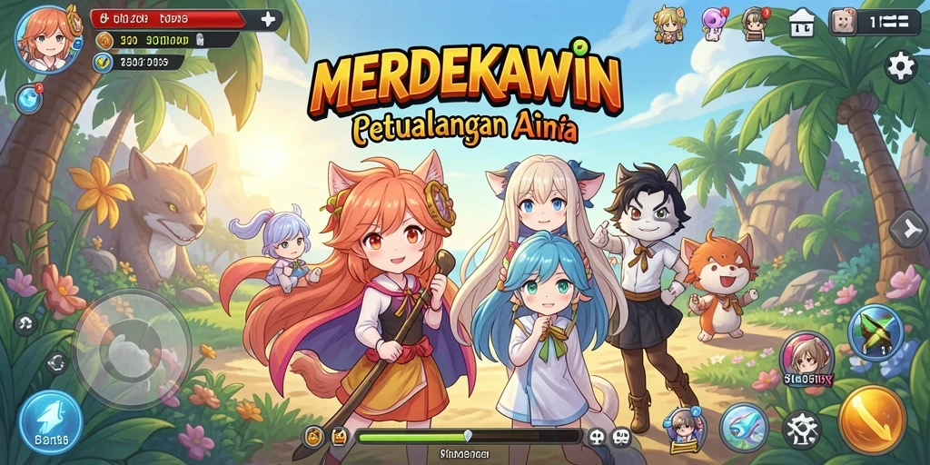 Gameplay seru dalam <strong>MERDEKAWIN</strong> dengan karakter anime berinteraksi.