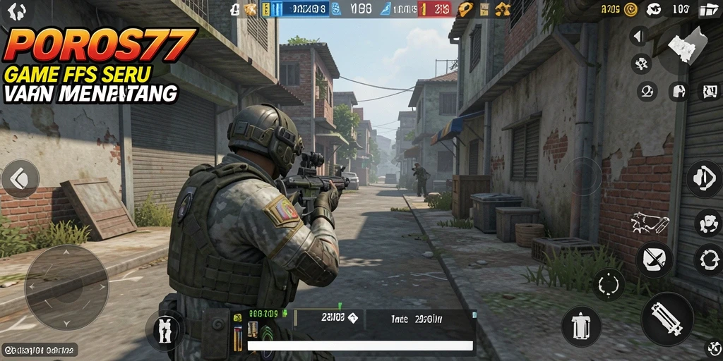 Screenshot POROS77 menampilkan aksi intens dalam gameplay FPS.